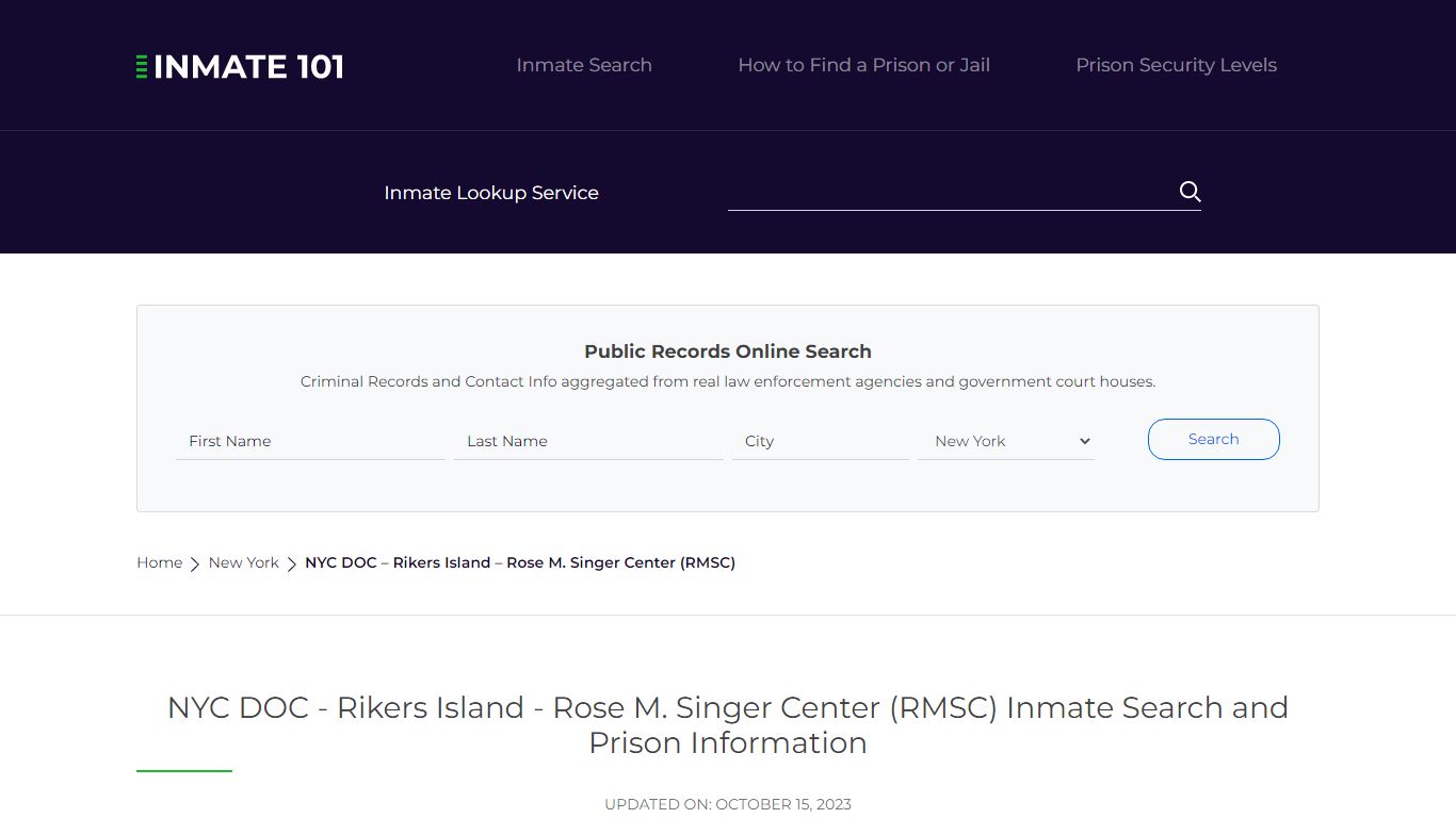 NYC DOC - Rikers Island - Rose M. Singer Center (RMSC ... - Inmate101